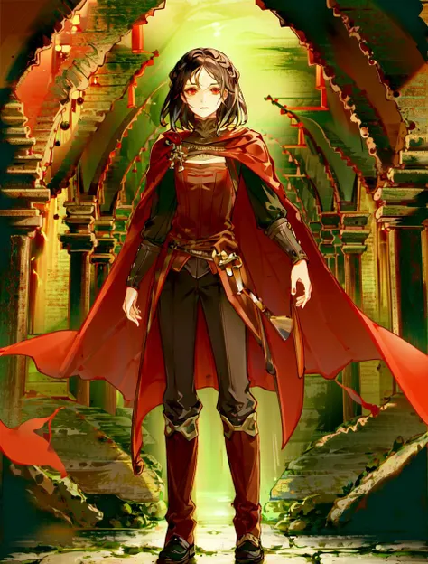 Serana,black_hair, braid, cape, red_eyes,standing,facing viewer,in cave,underground,masterpiece,best quality,(dark), <lora:SeranaV1:0.8>