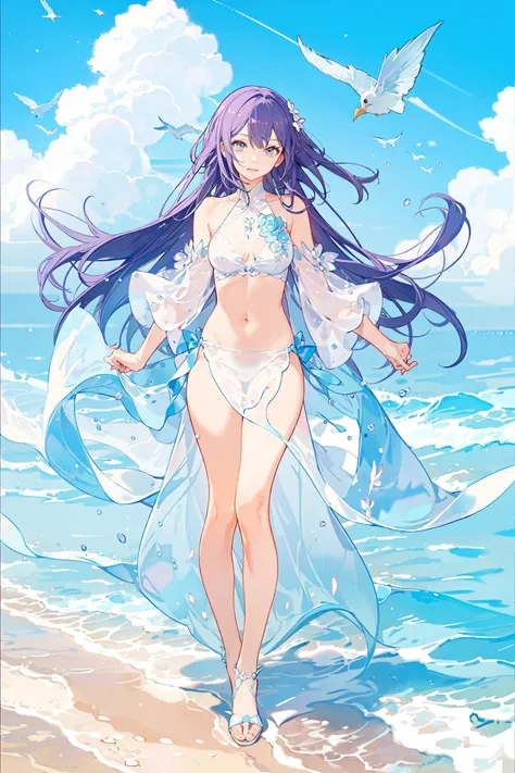 1girl,solo,incredibly absurdres,sarong,long hair,bird,sea,seaside,cloud,blue sky, navel,see-through,