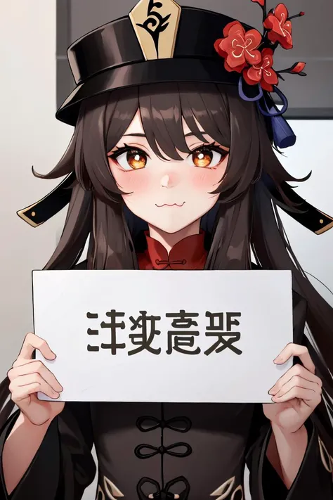 Highly detailed, High Quality, masterpiece, perfect ligthing, <lora:Holding_Sign:0.8> Holding sign, (((blank sign:1))), in front of face:1, portrait, (catmouth, smug, ;3, uwu), <lora:hutao1:0.9> hutaodef, <lora:uwu:0.6>