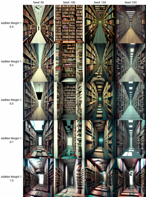 a very long narrow room with lots of books on it's shelves and a clock on the wall , glitch art