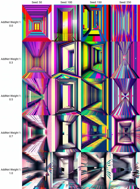 a room with a large mirror and a lot of colorful lines on the wall and floor , glitch art