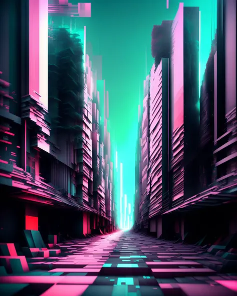 a city street with a lot of tall buildings and a bright light at the end, glitch art