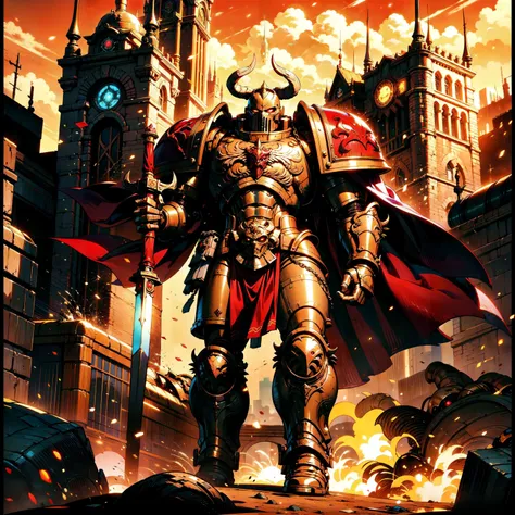 Generate a stunning art style, a true [masterpiece] [best quality] of art. The image showcases [detailed linework], [dynamic shading], and [dramatic lighting], bringing to life a [dreading atmosphere, grim dark coloures, action shot, cinematic composition] . In the background a [gothic desert city, warhammer 40k] is to be seen in [grand:1.8, high-scale:1.8, panorama:1.8] from [from below]. A minotaur, solo:1.3 is [full body view, standing] in front of the edge of a tower. It is holding a [power_sword in its righthand]. It is wearing a [minotaurs armor, helm details, plume, full armor, glowing red eyes, pauldron, gold armor, armor detail, bull ornament, bronze trimmings, red trimmings, pelvic curtain, cape,].
<lora:THE MINOTAURS MK1 by CARAXES:0.6>