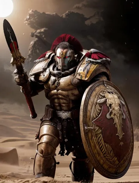 photo of 1boy, solo, asterion, wearing minotaurs armor, helm details, plume, full armor, glowing red eyes, dual wielding, pauldron, gold armor, armor detail, bull ornament, bronze trimmings, red trimmings, pelvic curtain, cape, holding shield, holding polearm, battle, army, firing, gun, charging standing by desert storm, sandstorm, dune, dark ambiance, daawn, dim sun light, <lora:THE MINOTAURS MK1 by CARAXES:0.65>. helmet