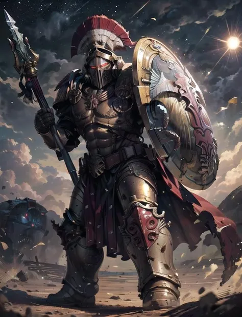 photo of 1boy, solo, asterion, wearing minotaurs armor, helm details, plume, full armor, glowing red eyes, dual wielding, pauldron, gold armor, armor detail, bull ornament, bronze trimmings, red trimmings, pelvic curtain, cape, holding shield, holding polearm, battle, army, firing, gun, charging standing by desert storm, sandstorm, dune, dark ambiance, daawn, dim sun light, <lora:THE MINOTAURS MK1 by CARAXES:0.65>. helmet, <lora:more_details:0.2>