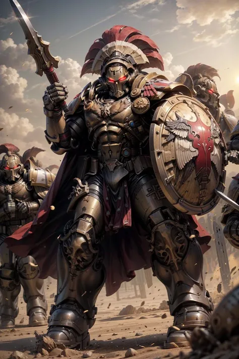 photo of asterion, wearing terminator, minotaurs armor, helm details, full armor, glowing red eyes, plume, gold armor, armor detail, bronze trimmings, red trimmings, pelvic curtain, cape, holding spear, polearm, shield, dual wielding, army formation, phalanx formation,
throwing spear,
battle, army, firing, gun, charging
standing by desert storm, sandstorm, dune, dark ambiance, ((dawn:1.2)), dim sun light, <lora:THE MINOTAURS MK1 by CARAXES:0.7> <lora:tool - add_detail:0.6>