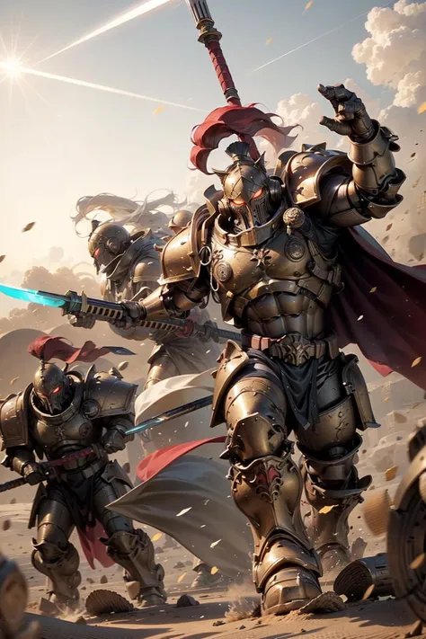 photo of multipleboys, wearing minotaurs armor, helm details, full armor, glowing red eyes, plume, gold armor, armor detail, bronze trimmings, red trimmings, pelvic curtain, cape, holding gun, spear, polearm, sword, shield, dual wielding, army formation, phalanx formation,
battle, army, firing, gun, charging
standing by desert storm, sandstorm, dune, dark ambiance, ((dawn:1.2)), dim sun light, <lora:THE MINOTAURS MK1 by CARAXES:0.7>