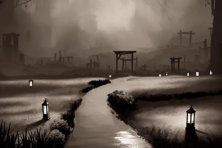 masterpiece, ultra-detailed, best quality, illustration, 8k cg wallpaper, an extremely delicate and beautiful, stunning landscape, graveyard, gravestones, dirt path, lanterns, candles, intricately detailed items in background, <lora:Limbo:1>