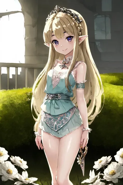 masterpiece, ultra-detailed, best quality, illustration, 8k cg wallpaper, an extremely delicate and beautiful, 1girl, Princess Zelda /(The Legend of Zelda/), solo, perfect anatomy, smiling, blushing, perfect arms, perfect hands, perfect fingers, perfect legs, cute, pretty, beautiful, sexy, perfect body, (background: flowery field, grass, trees, flowers, ruins, intricately detailed items in background), <lora:Limbo:1>