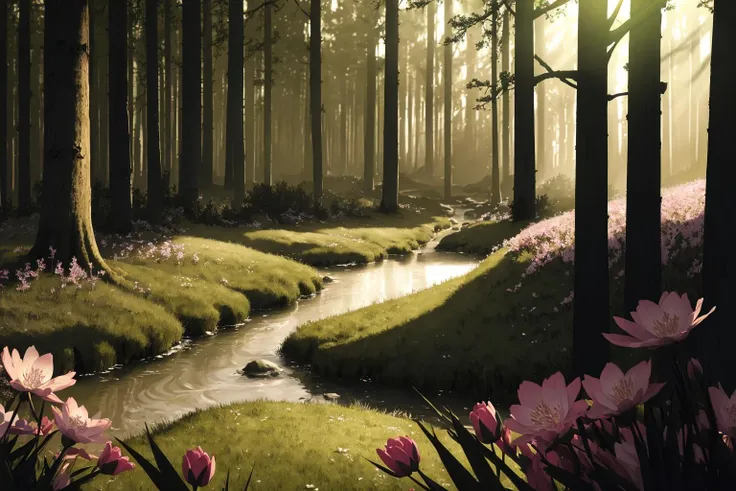 masterpiece, ultra-detailed, best quality, illustration, 8k cg wallpaper, an extremely delicate and beautiful, stunning landscape, forest, trees, bushes, flowers, grass, intricately detailed items in background, <lora:Limbo:1>