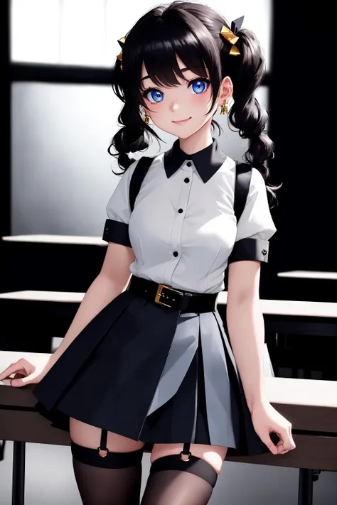masterpiece, ultra-detailed, best quality, illustration, 8k cg wallpaper, an extremely delicate and beautiful, 1girl, solo, perfect anatomy, cute face, smiling, blushing, sparkling eyes, deep blue eyes, beautiful detailed eyes, dark brown hair, shoulder-length hair, twintails, cute hair accessories, cute earrings, cute choker, slim body, medium breasts, school uniform, perfect arms, perfect hands, perfect fingers, cute arm accessories, cute hand accessories, black belt with gold buckle, light blue plaid miniskirt, cute thigh-high stockings, perfect legs, cute, pretty, beautiful, sexy, perfect body, (background: classroom, desks, chairs, blackboard, windows, intricately detailed items in background), <lora:Limbo:1>