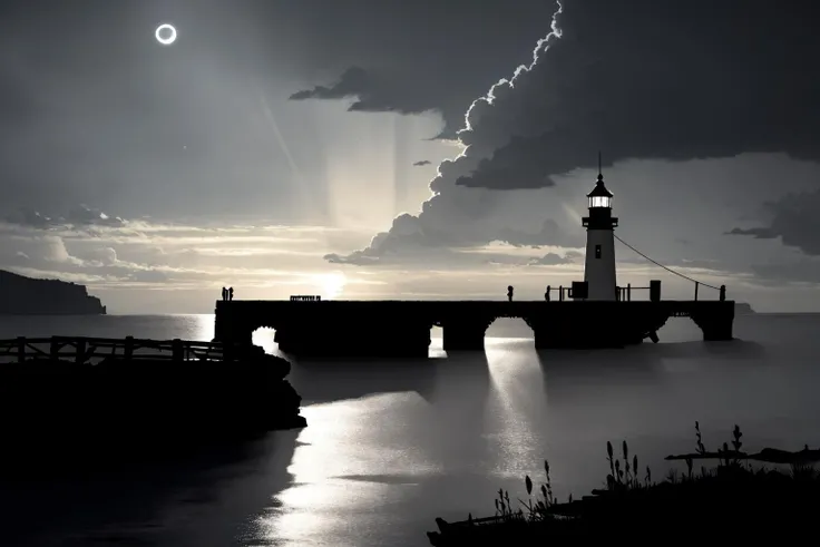 masterpiece, ultra-detailed, best quality, illustration, 8k cg wallpaper, an extremely delicate and beautiful, stunning landscape, beach, lighthouse, moon, stars, clouds, intricately detailed items in background, <lora:Limbo:1>