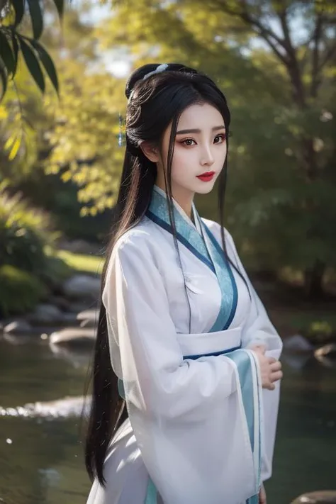 ltra-detailed,highly detailed,best quality,masterpiece,illustration,realistic,photorealistic,
1girl, solo,
xiaobai, hanfu, chinese clothes, wide sleeves, long sleeves, see-through, sash,
jewelry, tassel, hair ornament,
long hair,
looking at viewer, upper body,
outdoors, tree, rock, day, photo background, sunlight, scenery, nature, water,
<lora:xiaobai_v1_07:0.7>