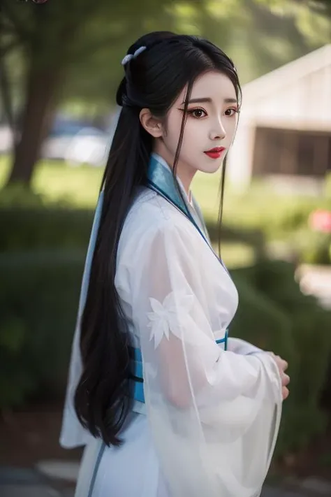 ltra-detailed,highly detailed,best quality,masterpiece,illustration,realistic,photorealistic,
1girl, solo,
xiaobai, hanfu,
looking at viewer, cowboy shot, from side,
<lora:xiaobai_v1_07:0.8>