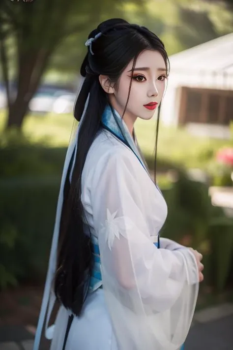 ltra-detailed,highly detailed,best quality,masterpiece,illustration,realistic,photorealistic,
1girl, solo, 
xiaobai, hanfu,
looking at viewer, cowboy shot, from side, 
 <lora:xiaobai_v1_07:0.9>