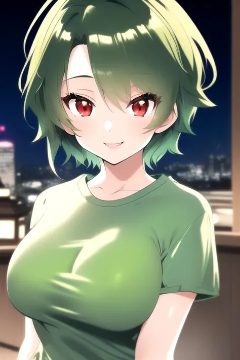 1girl, ((cinematic light)), (colorful:1.2), hyper detail, dramatic light, intricate details, (best quality:1.2), highly detailed,Anime, Moe, illustration, (wallpaper, masterpiece, best quality, ultra-detailed, best shadow), (detailed background:1.4), (beautiful detailed face, beautiful detailed eyes), high contrast, (best illumination, an extremely delicate and beautiful), BREAK
<lora:Yae_akari:1.0> yae akari,solo, 1girl,((red eyes)),(((green hair))),((((very short hair)))),long ahoge, ((((asymmetrical flipped hair)))),((seductive smile)), spiked bangs,(((asymmetrical hair))),(white skin), (((shiny skin))),((perky breasts)), large breasts, light blush,((((green t-shirt)))), ((half-jean)), (((night))),high-rise building,