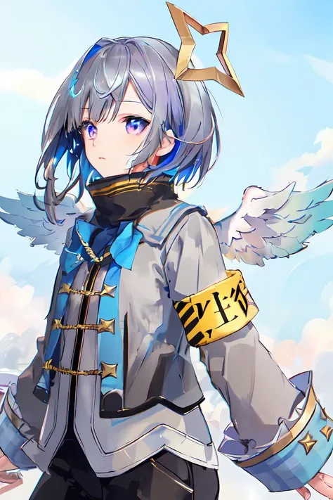 (masterpiece, high quality, ), (detailed background:1.2, science fiction, ), (1girl, amane_kanata, star halo, solo, multicolored hair, armband, short hair, blue hair,asymmetrical hair, purple eyes, grey hair, long sleeves, grey jacket, angel wings, ), HyperStylizeV6, <lora:kanata:0.7>