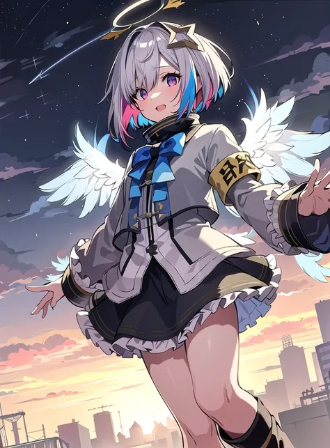 best quality, highres, 1girl, amane kanata, star halo, virtual youtuber, solo, wings, halo, feathered wings, angel, angel wings, multicolored hair, colored inner hair, asymmetrical hair, single hair intake, purple eyes, armband, short hair, blue hair, grey hair, boots, socks, long sleeves, grey jacket, skirt, bob cut, jacket, streaked hair, bangs, frills, black footwear, wide sleeves, white wings, mini wings, black skirt, hair over one eye, frilled skirt, blue socks, sleeves past wrists, turtleneck dress, short dress, miniskirt, blue wings, <lora:AmaneKanataFirst:0.5>, cowboy shot