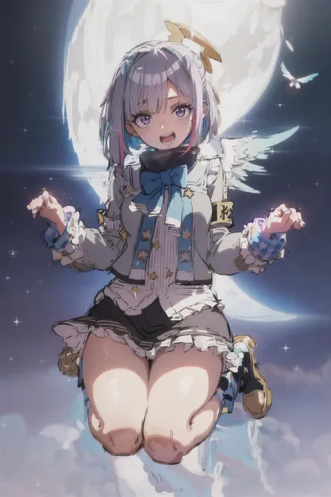 best quality, highres, 1girl, amane kanata, star halo, virtual youtuber, solo, wings, halo, feathered wings, angel, angel wings, multicolored hair, colored inner hair, asymmetrical hair, single hair intake, purple eyes, armband, short hair, blue hair, grey hair, boots, socks, long sleeves, grey jacket, skirt, bob cut, jacket, streaked hair, bangs, frills, black footwear, wide sleeves, white wings, mini wings, black skirt, hair over one eye, frilled skirt, blue socks, sleeves past wrists, turtleneck dress, short dress, miniskirt, blue wings, <lora:amaneKanataOnlyShortHair_v1:0.7>, cowboy shot, <lora:onePieceWanoSagaStyle_v2Offset:1>