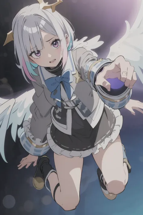 best quality, highres, 1girl, amane kanata, star halo, virtual youtuber, solo, wings, halo, feathered wings, angel, angel wings, multicolored hair, colored inner hair, asymmetrical hair, single hair intake, purple eyes, armband, short hair, blue hair, grey hair, boots, socks, long sleeves, grey jacket, skirt, bob cut, jacket, streaked hair, bangs, frills, black footwear, wide sleeves, white wings, mini wings, black skirt, hair over one eye, frilled skirt, blue socks, sleeves past wrists, turtleneck dress, short dress, miniskirt, blue wings, <lora:amaneKanataOnlyShortHair_v1:0.7>, cowboy shot, <lora:onePieceWanoSagaStyle_v2Offset:1>