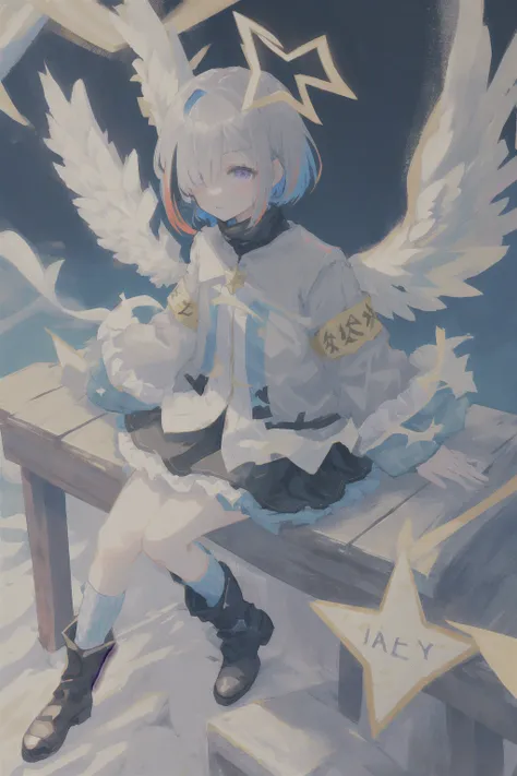 best quality, highres, 1girl, amane kanata, star halo, virtual youtuber, solo, wings, halo, feathered wings, angel, angel wings, multicolored hair, colored inner hair, asymmetrical hair, single hair intake, purple eyes, armband, short hair, blue hair, grey hair, boots, socks, long sleeves, grey jacket, skirt, bob cut, jacket, streaked hair, bangs, frills, black footwear, wide sleeves, white wings, mini wings, black skirt, hair over one eye, frilled skirt, blue socks, sleeves past wrists, turtleneck dress, short dress, miniskirt, blue wings, <lora:amaneKanataOnlyShortHair_v1:0.7>, cowboy shot
