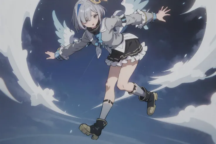 best quality, highres, 1girl, amane kanata, star halo, virtual youtuber, solo, wings, halo, feathered wings, angel, angel wings, multicolored hair, colored inner hair, asymmetrical hair, single hair intake, purple eyes, armband, short hair, blue hair, grey hair, boots, socks, long sleeves, grey jacket, skirt, bob cut, jacket, streaked hair, bangs, frills, black footwear, wide sleeves, white wings, mini wings, black skirt, hair over one eye, frilled skirt, blue socks, sleeves past wrists, turtleneck dress, short dress, miniskirt, blue wings, looking away from viewer, <lora:amaneKanataOnlyShortHair_v1:0.7>, cowboy shot, <lora:onePieceWanoSagaStyle_v2Offset:1>