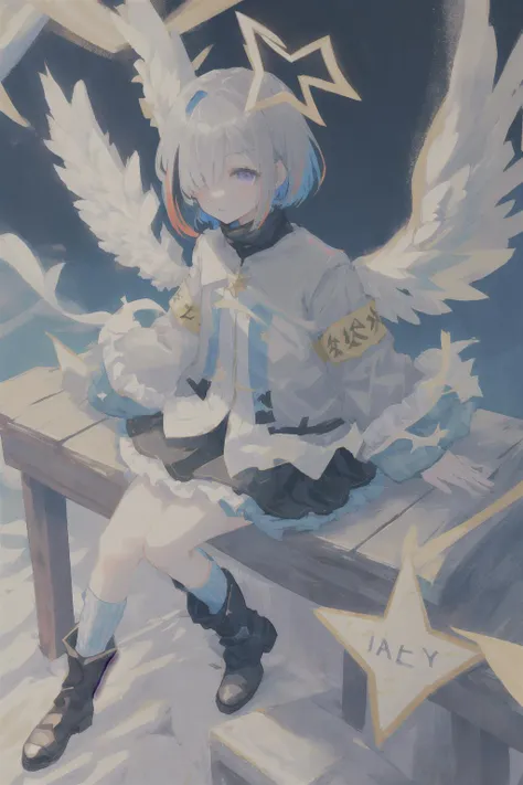 best quality, highres, 1girl, amane kanata, star halo, virtual youtuber, solo, wings, halo, feathered wings, angel, angel wings, multicolored hair, colored inner hair, asymmetrical hair, single hair intake, purple eyes, armband, short hair, blue hair, grey hair, boots, socks, long sleeves, grey jacket, skirt, bob cut, jacket, streaked hair, bangs, frills, black footwear, wide sleeves, white wings, mini wings, black skirt, hair over one eye, frilled skirt, blue socks, sleeves past wrists, turtleneck dress, short dress, miniskirt, blue wings, <lora:amaneKanataOnlyShortHair_v1:0.7>, cowboy shot