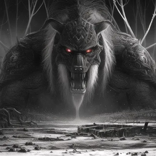 (masterpiece), photorealistic, intricate detail, stark contrast, sunset, grey scale, dark fantasy, illustration, extremely delicate and beautiful, Yowie, jungle, monochrome, massive, monster, realism, ((depth)), catastrophic, dark, nightmare, melted, crack, gloomy, excess precision, overcrowding, thick, detailed, realistic, cosmic background