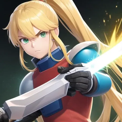 masterpiece, best quality, high quality, absurdres, ((masculine)), ((MMZero)), mega man (series), mega man zero, zero (mega man), (((Zero))), ((((1boy)))), (stchcs_style), 4k, 8k, (((absurdres))), ((extremely detailed CG unity 8k wallpaper)), android, armor, artist name, blonde hair, closed mouth, cool, energy sword, green eyes, helmet, holding, holding weapon, long hair, looking at viewer, ((man)), male focus, ponytail, serious, realistic, ((photorealistic)), solo, sword, very long hair, weapon, (very_detailed_background), (highly_detailed_background)