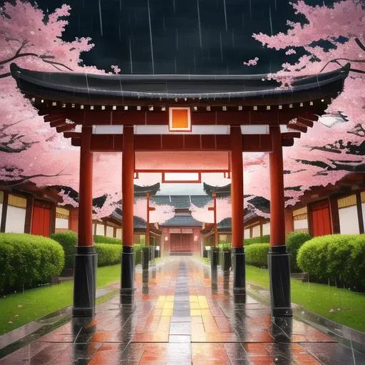masterpiece, best quality, sharp detail, highres, ((rain)), ((east asian architecture)), (cloudy sky), (cherry blossoms), (path)