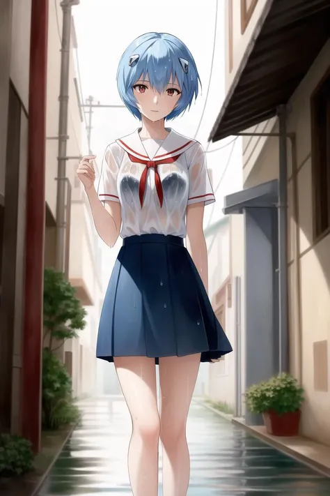 masterpiece portrait of Rei Ayanami \(evangelion\), evangelion \(Hideaki\), caustics, textile shading, high resolution illustration, red eyes, feminine, no pupils, blue hair, short hair, outdoor, rain, alleyway, raining, school uniform, barefoot, (((wet clothes)))