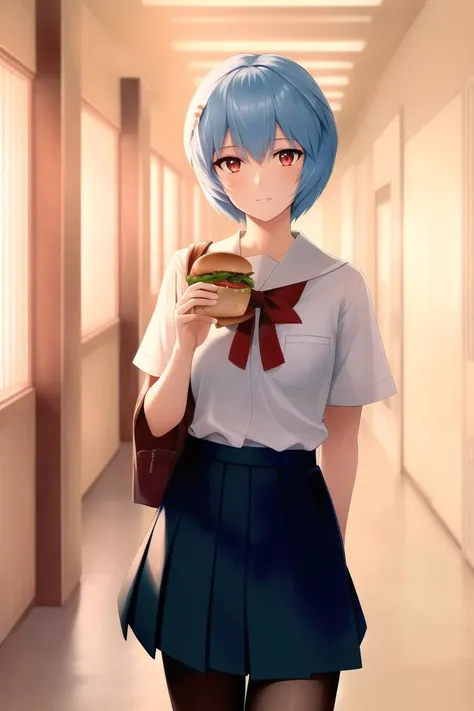 masterpiece portrait of Rei Ayanami \(evangelion\), evangelion \(Hideaki\), caustics, textile shading, high resolution illustration, red eyes, feminine, no pupils, blue hair,  short hair, japanese school uniform, loafers, detailed school, japanese school hallway, japanese modern school in Tokyo, soft light, black stockings, torn stockings, indoors, wooden floor, hallway, ((night)), (((neon lights))), eating burger