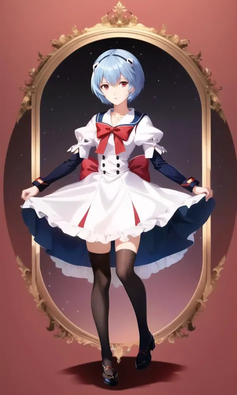masterpiece portrait of Rei Ayanami \(evangelion\), evangelion \(Hideaki\), caustics, textile shading, high resolution illustration, red eyes, feminine, no pupils, blue hair, short hair, mahou shoujo, magical girl, magical girl outfit, spear of longinius, full body shot