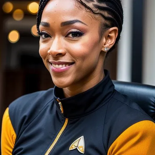 masteripiece photography, beautiful black girl (sonqua-2000), in star trek suite, short hairs, winks at the camera, sittin in commander chair insane details, intricate details, hyperdetailed, complex sci-fi background (internal control room of enterprise starship), sitting in scifi chair, crosslegged, cinematic lights, analog, modelshoot style, Hasselblad photography, 4k photograph, sharp focus, intricate details, (realistic photo:1.0), (masterpiece:1.0), (realistic face: 1.3), 8k, HQ, in focus, ultra detailed, intricate details, Hasselblad 500C, cinematic light