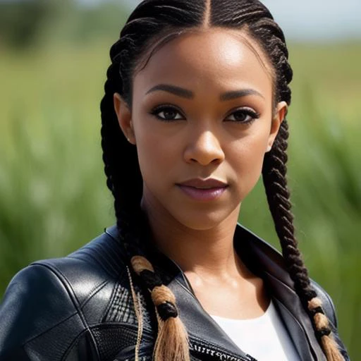 masterpiece photography, upper body, black woman sonqua-2000, sexy, looking in camera, walking fair, black leather jacket half opened showing neckline, side boobs, intricate black ((skin pores)), long braids on the wind, strong side light, soft back light, high contrast, hard focus, intricate iris details, sharp focus on eyes, cinematic lighting, (perfect iris)