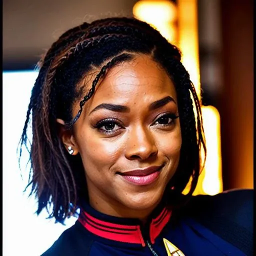 masteripiece photography, beautiful black girl (sonqua-2000), in star trek suite, short hairs, winks at the camera, sittin in commander chair insane details, intricate details, hyperdetailed, complex sci-fi background (internal control room of enterprise starship), sitting in scifi chair, crosslegged, cinematic lights, analog, modelshoot style, Hasselblad photography, 4k photograph, sharp focus, intricate details, (realistic photo:1.0), (masterpiece:1.0), (realistic face: 1.3), 8k, HQ, in focus, ultra detailed, intricate details, Hasselblad 500C, cinematic light