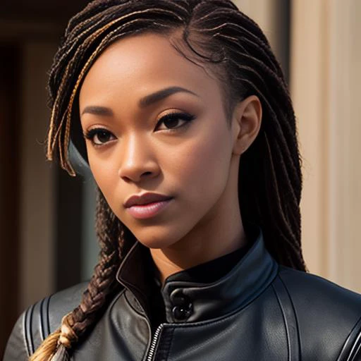 An exquisite portrait of a black African woman with deep ebony skin, Photography captured in stunning 8k resolution and raw format to preserve the highest quality of details. The beauty of women is undeniable, her face commanding the frame in a close-up that reveals the intricate details of her eyes. She wears a dress that complements her radiant skin, and her eyes are portrayed with meticulous attention to detail, showing the captivating depth within. The photograph is taken with a lens that emphasizes the challenge of your gaze, and the backdrop is a dark studio environment that highlights the soft colors of the scene. Lighting and shadows are expertly crafted to highlight the richness of your skin tone and the subtle nuances of your features..... Your red hair, with its distinct tone, adds a touch of warmth and contrast against your ebony skin. The interior environment adds a feeling of intimacy, while the freckles on your skin tell their own story. The overall composition captures its essence with authenticity and grace, creating a portrait that is a celebration of your heritage and beauty. Photography by challenge512, using the best shadow and lighting techniques, to create a mesmerizing portrait that transcends the visual.