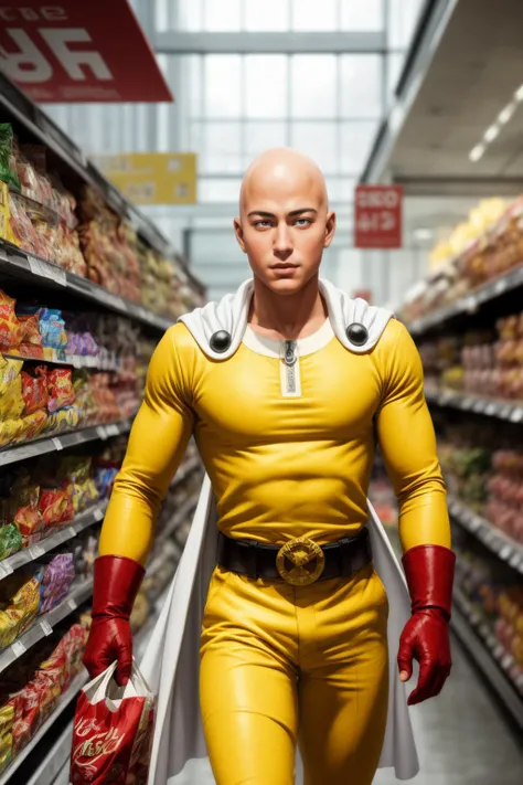 masterpiece, best quality, 1boy,realistic,    <lora:Saitama:0.8> saitama, anime, one punch, one one-punch man, yellow , belt, red gloves,  white cloak, groceries, egg
 <lora:contrast_slider_v10:1> <lora:skin_slider_v2_1_FACE:0.6> <lora:filmgrain_slider_v1:0.8>,  <lora:add_detail:0.5>