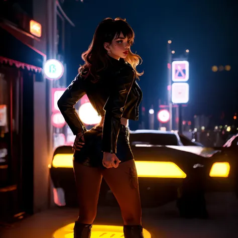 masterpiece, best quality, 1girl, swept bangs, wavy hair, makeup, lips, nose, thick eyelashes, leather jacket, open jacket, leather shorts, neon sign,night, city lights, jewelry, neck tattoo, mole under eye, from behind,
<lora:backlight_slider_v10:-1> <lora:skin_slider_v2_1_FACE:0.5> <lora:filmgrain_slider_v1:1>, <lora:contrast_slider_v10:3> <lora:add_detail:0.3> bimbostyle