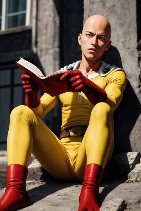 masterpiece, best quality, 1boy,realistic, <lora:Saitama:0.8> saitama, anime, one punch, one-punch man, yellow bodysuit, belt, red gloves, white cloak, sitting, reading comic,
<lora:contrast_slider_v10:1> <lora:skin_slider_v2_1_FACE:0.6> <lora:filmgrain_slider_v1:0.8>, <lora:add_detail:0.5> <lora:backlight_slider_v10:-0.5>