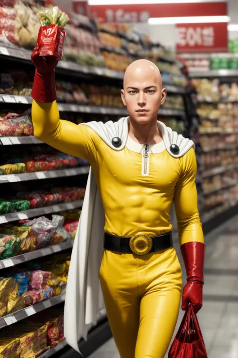 masterpiece, best quality, 1boy,realistic,    <lora:Saitama:0.8> saitama, anime, one punch, one one-punch man, yellow bodysuit, belt, red gloves,  white cloak, groceries, holding plastic bag, 
 <lora:contrast_slider_v10:1> <lora:skin_slider_v2_1_FACE:0.6> <lora:filmgrain_slider_v1:0.8>,  <lora:add_detail:0.5>