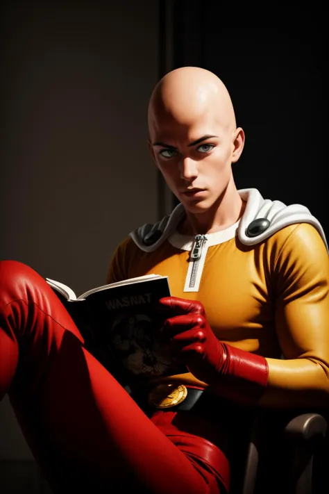 masterpiece, best quality, 1boy,realistic,    <lora:Saitama:0.8> saitama, anime, one punch, one-punch man, yellow bodysuit, belt, red gloves,  white cloak, sitting,  reading comic, 
 <lora:contrast_slider_v10:1> <lora:skin_slider_v2_1_FACE:0.6> <lora:filmgrain_slider_v1:0.8>,  <lora:add_detail:0.5> <lora:backlight_slider_v10:-0.5>