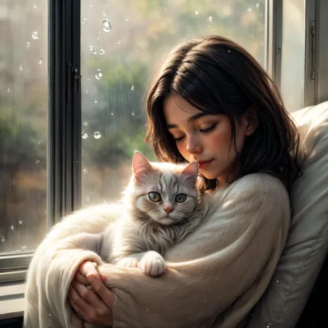 masterpiece, best quality, a cozy scene of a persian cat curled up in a window seat, watching raindrops fall outside in a serene moment, window fog,
realistic, <lora:add_detail:1> <lora:filmgrain_slider_v1:0.8>