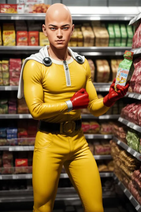 masterpiece, best quality, 1boy,realistic,    <lora:Saitama:0.8> saitama, anime, one punch, one-punch man, yellow bodysuit, belt, red gloves,  white cloak, groceries ,egg carton, 
 <lora:contrast_slider_v10:1> <lora:skin_slider_v2_1_FACE:0.6> <lora:filmgrain_slider_v1:0.8>,  <lora:add_detail:0.5> <lora:backlight_slider_v10:-0.5>