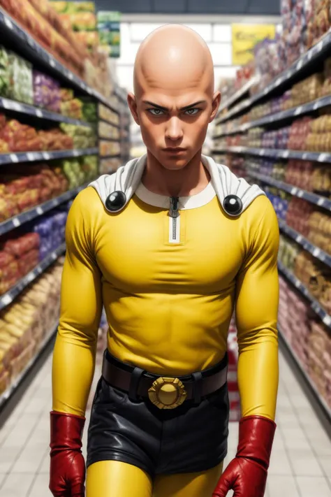 masterpiece, best quality, 1boy,realistic,    <lora:Saitama:0.8> saitama, anime, one punch, one-punch man, yellow bodysuit, belt, red gloves,  white cloak, groceries, shopping cart, 
 <lora:contrast_slider_v10:1> <lora:skin_slider_v2_1_FACE:0.6> <lora:filmgrain_slider_v1:0.8>,  <lora:add_detail:0.5>