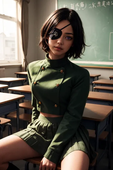 masterpiece, best quality, intricate detail, teenage, <lora:chrometest:1> chrome dokuro, black hair, eyepatch, (purple eyes:1.1), short hair,, crop top, eyepatch, school uniform, serafuku, skirt, green uniform, japan, frown,parted lips, sitting, wooden chair, classroom,
((intricate detail)), complex illustration, high contrast, intricate background detail, masterpiece, best quality <lora:filmgrain_slider_v1:1> <lora:backlight_slider_v10:-1> <lora:contrast_slider_v10:1.8> realistic, lifelike, <lora:add_detail:0.5>