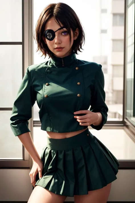 masterpiece, best quality, intricate detail, teenage, <lora:chrometest:1> chrome dokuro, black hair, eyepatch, (purple eyes:1.1), short hair,, crop top, eyepatch, school uniform, serafuku, skirt, green uniform, japan
((intricate detail)), complex illustration, high contrast, intricate background detail, masterpiece, best quality <lora:filmgrain_slider_v1:1> <lora:backlight_slider_v10:-0.5> <lora:contrast_slider_v10:1.8> realistic, lifelike, <lora:add_detail:0.5>