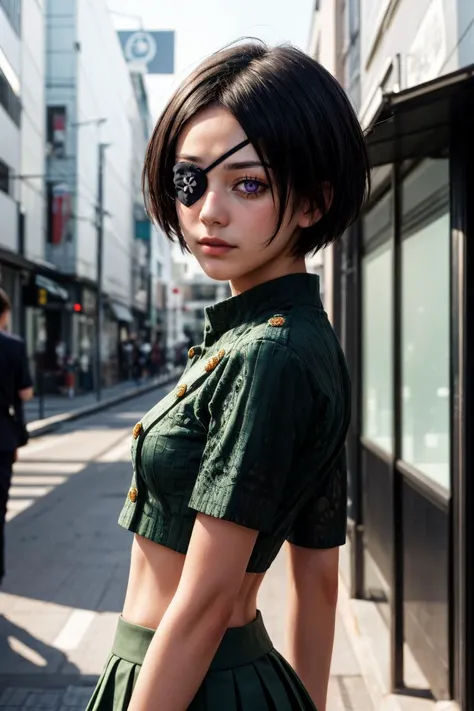 masterpiece, best quality, intricate detail, teenage, <lora:chrometest:1> chrome dokuro, black hair, eyepatch, (purple eyes:1.1), short hair,, crop top, eyepatch, school uniform, serafuku, skirt, green uniform, japan
((intricate detail)), complex illustration, high contrast, intricate background detail, masterpiece, best quality <lora:filmgrain_slider_v1:1> <lora:backlight_slider_v10:-0.5> <lora:contrast_slider_v10:1.8> realistic, lifelike, <lora:add_detail:0.5>