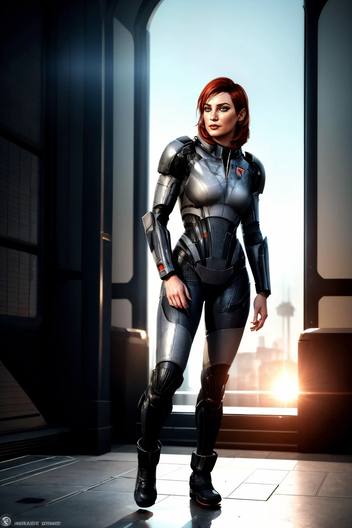 <lora:femshep:0.8> Jane, shepard, 1girl, mass effect \(series\), n7 armor, citadel, parted lips, furrowed brow, full body,
((intricate detail)), complex illustration, high contrast, intricate background detail, masterpiece, best quality <lora:filmgrain_slider_v1:1> <lora:backlight_slider_v10:1> <lora:contrast_slider_v10:1.8> realistic, lifelike, <lora:add_detail:0.5>