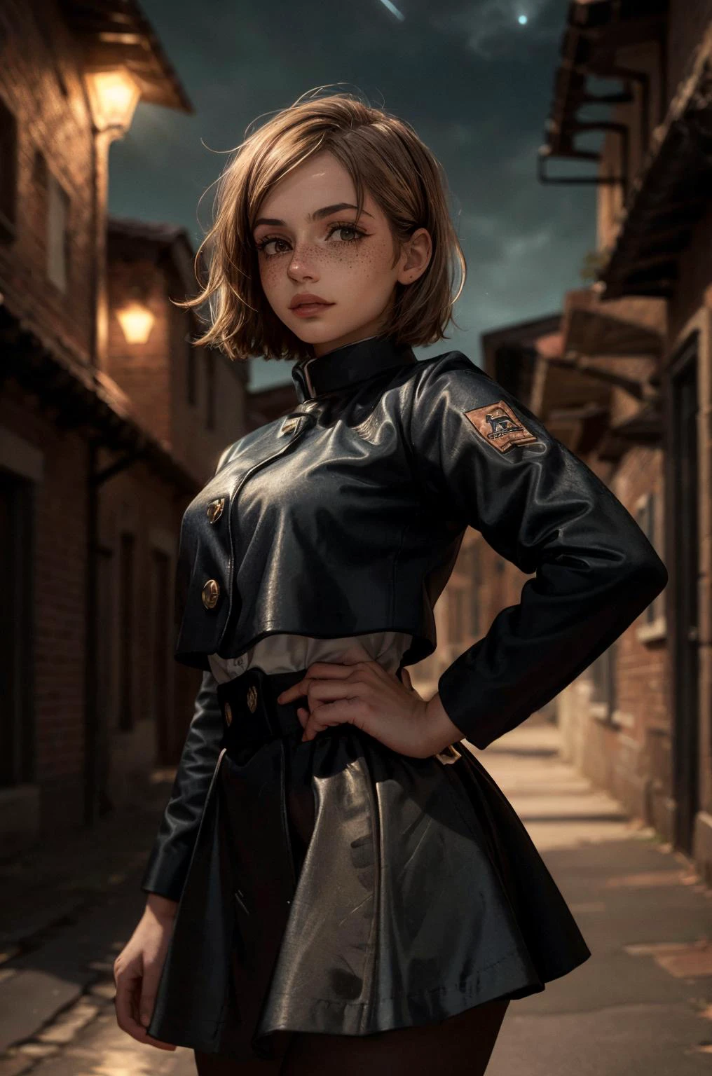 (masterpiece, best quality, high resolution:1.3), (seductive pose:1.2), (dynamic angle:1.2), detailed fantasy background,
casual photography, HDR, natural light, (anti-aliasing:1.2), elegant, soft scattered light, realistic proportions, limited palette, backlit, accent lighting, (neutral colors:1.3), cross process, cinematic lighting, coherent light, coherent shadows,
looking at viewer, <lora:ZH_Mushyee_v1:0.9> detailed face, detailed eyes, detailed skin, extremely detailed, intricate details, zh_mushyee_cosplaygirl, solo, long hair, tattoo, realistic, freckles, lips, looking at viewer, parted bangs, night sky, <lora:add_detail:0.55> <lora:kugisaki_nobara_v1:1> aanobara, short hair, (black jacket:1.2), buttons, long sleeves, black skirt, high-waist skirt, black pantyhose